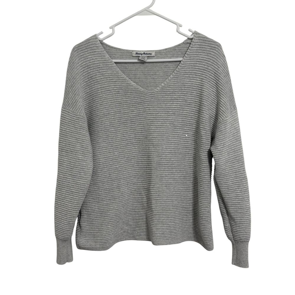 Tommy Bahama Women’s Size L Pearl Grey Bonita Sequin Ottoman V-Neck Sweater